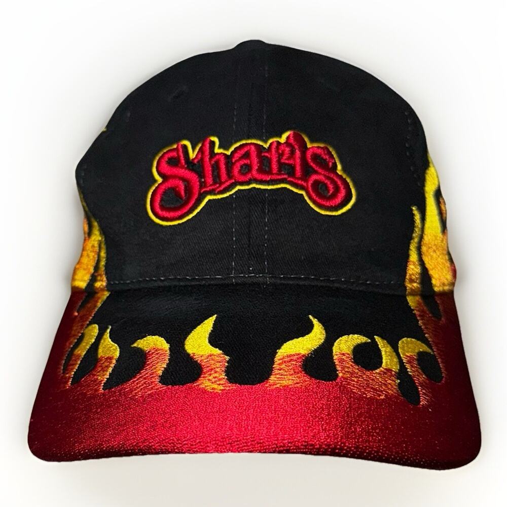 Shari’s Restaurant Baseball Trucker Cap Black Adjustable‎ Red Flames Embroidered
